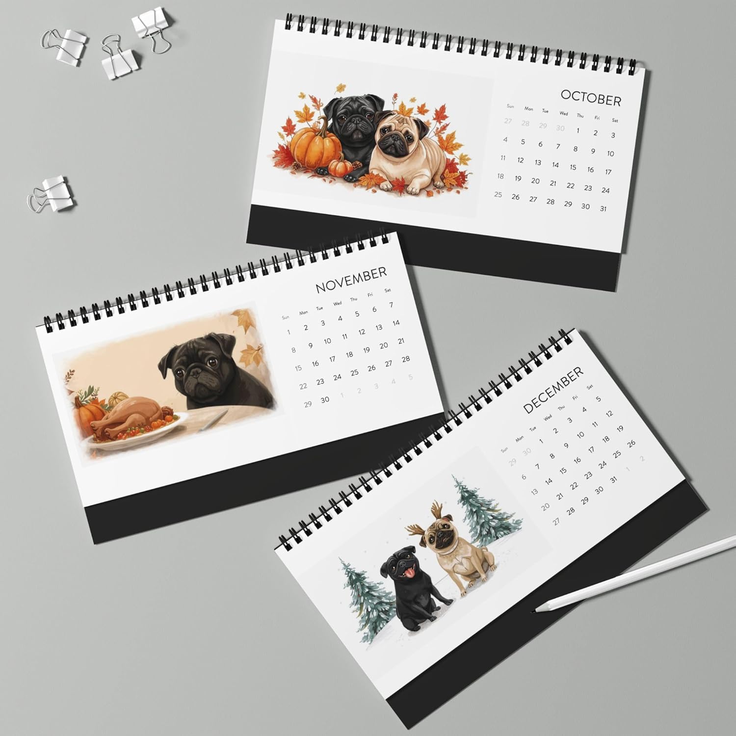 2026 Pug Desk Calendar | 12 Month Desktop Calendar Pug Art | Dog Lover Gift | Cute Pug Stationery | Small Office Calendar