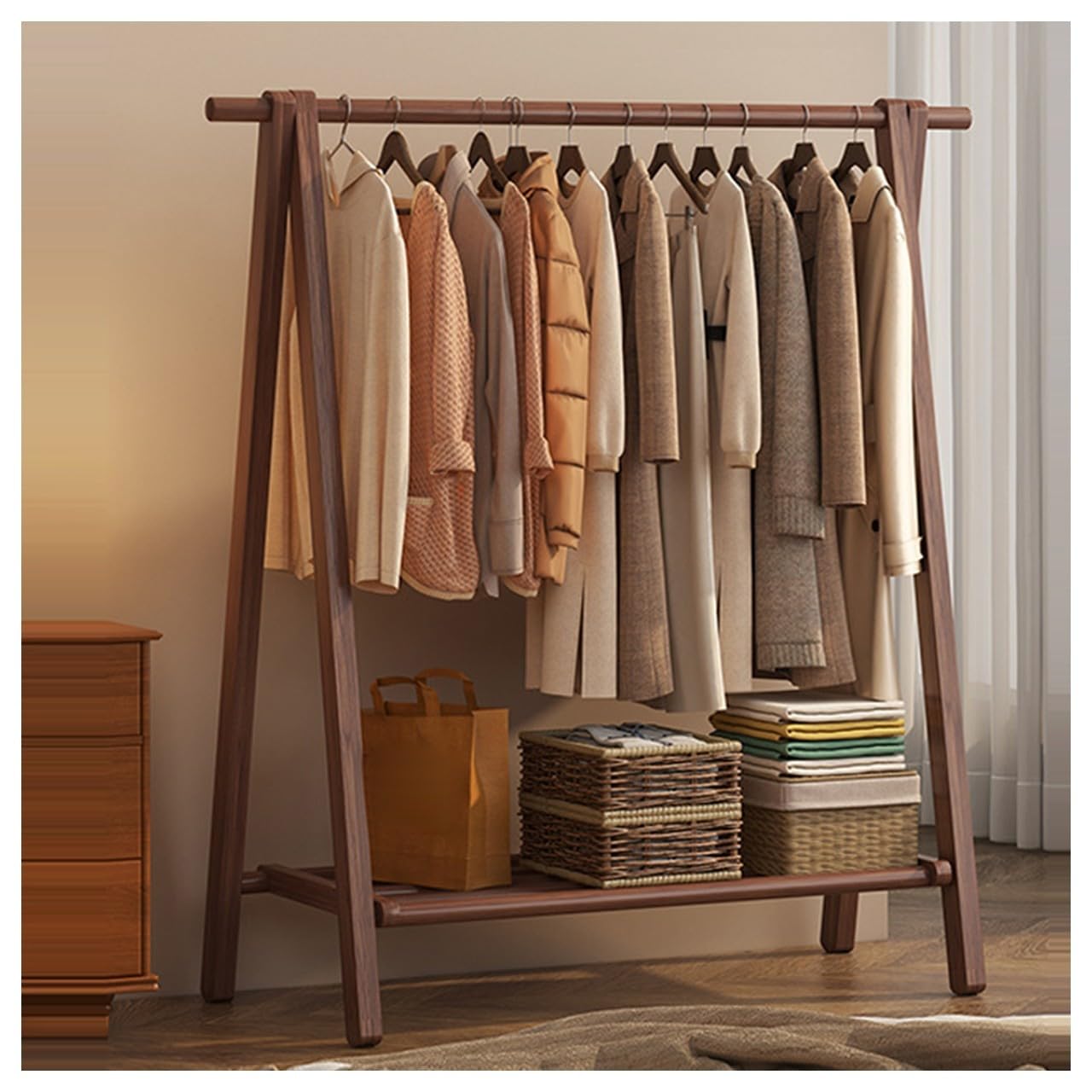 BEARQUN wooden clothes rail rack Coat stand Rack, Large Foldable Hanging Clothes, Stand Garment Rack with Storage Shelf/shelf, Maximum Load 100kg, clothe storage wardrobe:60/80/100/120CM