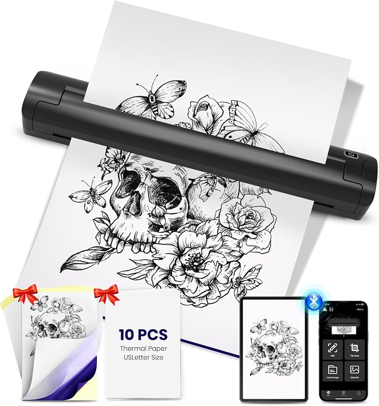 WBWTATTOO T11 Impressora térmica portátil para estêncil de tatuagem, Bluetooth e USB, compatível com celular e PC, com papel de transferência e papel térmico