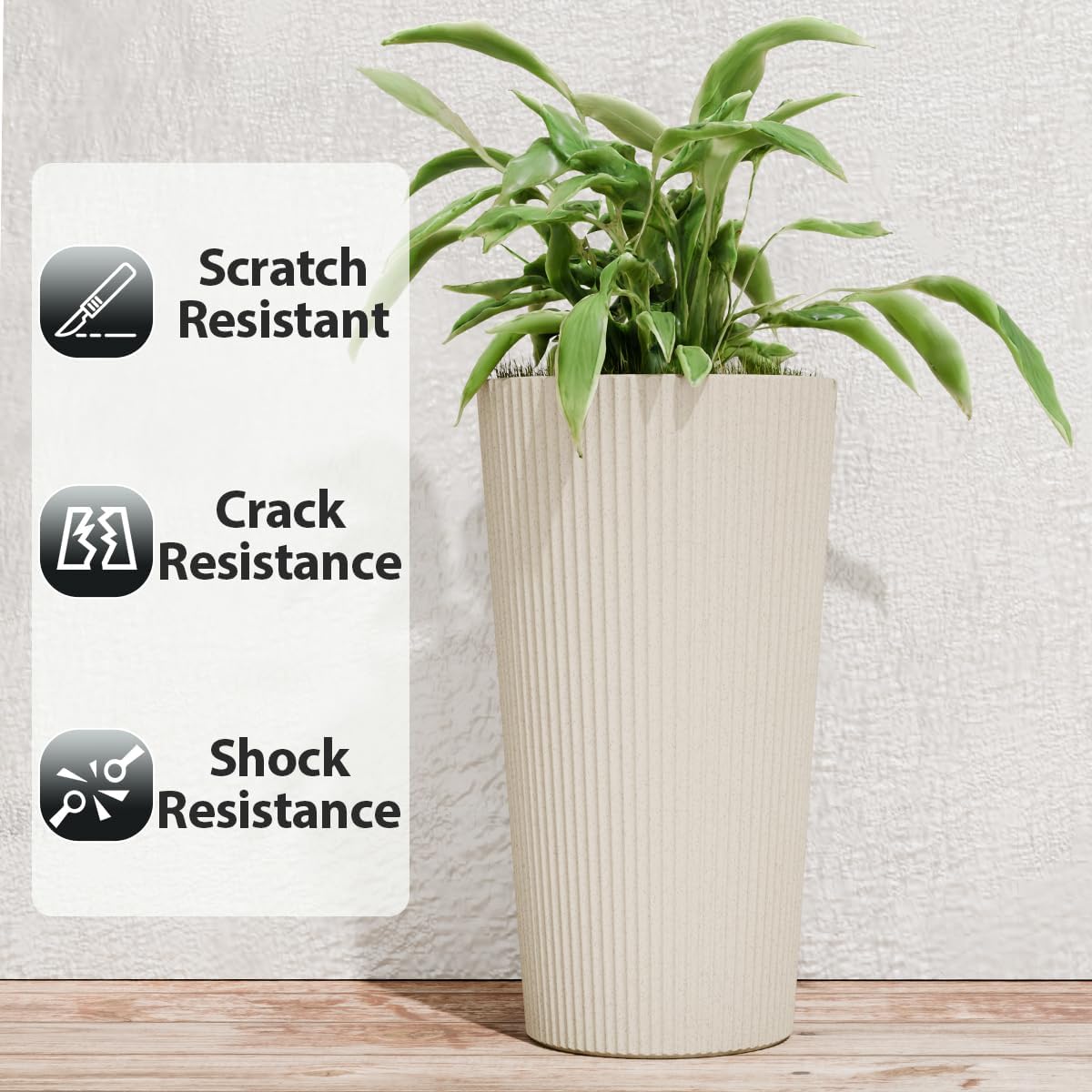 23.6" Tall Planters for Outdoor Plants,Large Outdoor Planters for Front Porch Decor with Drainage Hole, Flower Pots Fits Indoor Plants Patio/Garden, Plastic Striped Off-White (2 Pack)