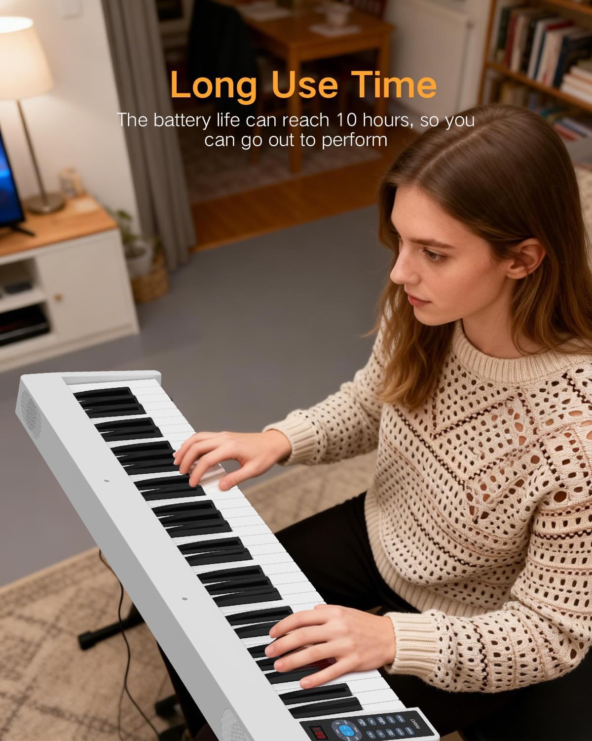 61 Key Folding Piano, FP61C Touch Sensitive Foldable Electric Keyboard for Beginners, Portable Piano with Sheet Music Stand, Sustain Pedal, Carrying Bag, White image 5