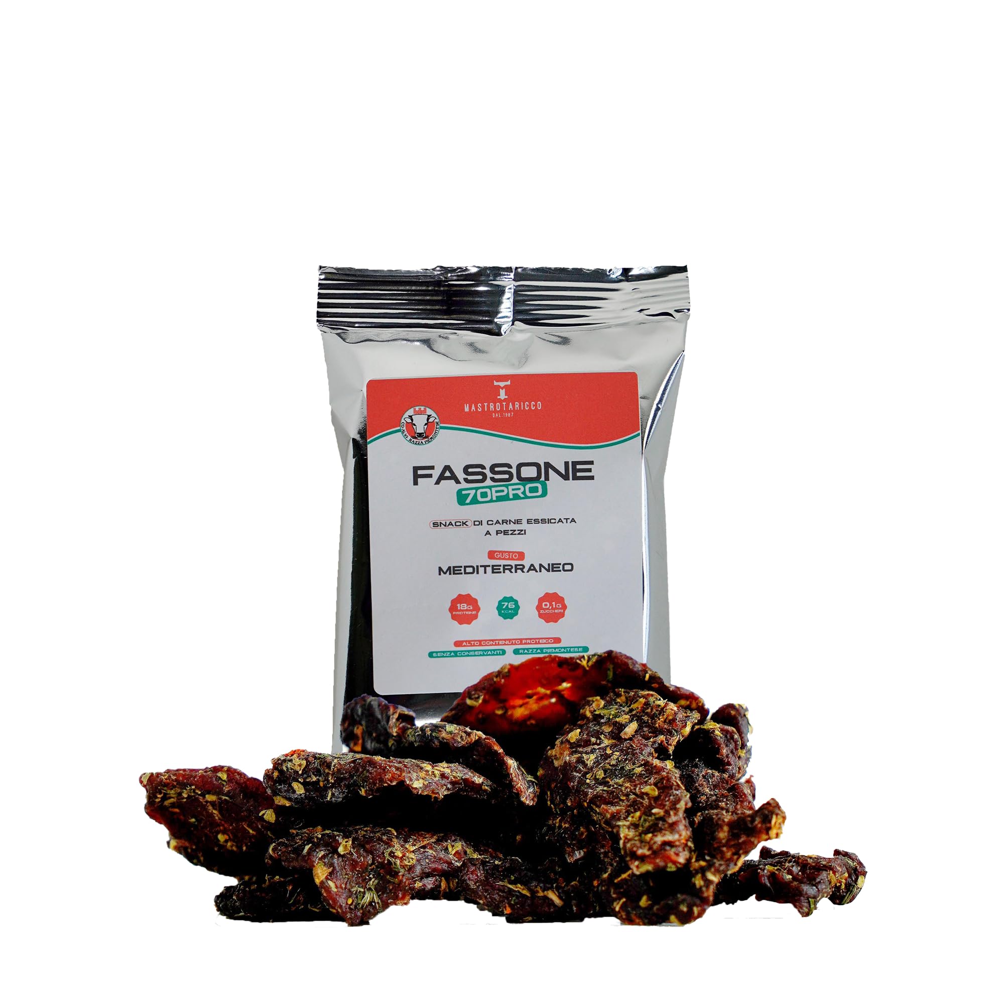 Fassone70pro Beef jerky, carne secca per umani con 70% di proteine naturali, snack proteici a base di carne essiccata per sportivi, beef protein proteine senza lattosio. (Pack da 10 confezioni)