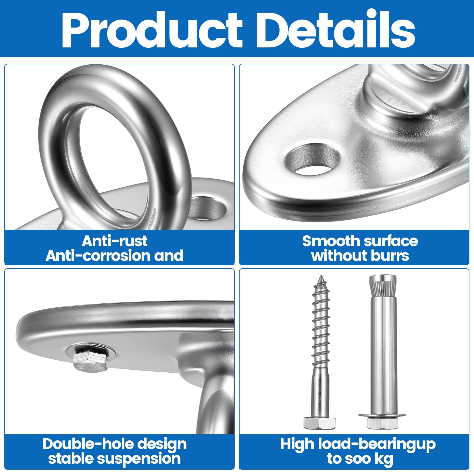 M8 Ceiling Hooks Heavy Duty Swing Hangers HooksStainless Steel Eye Plates Hammock Hooks Pad Eye Plate for Yoga Punch Bag Brackets Wall Swing Chair Suspension Hook Hanging Kit - Image 3