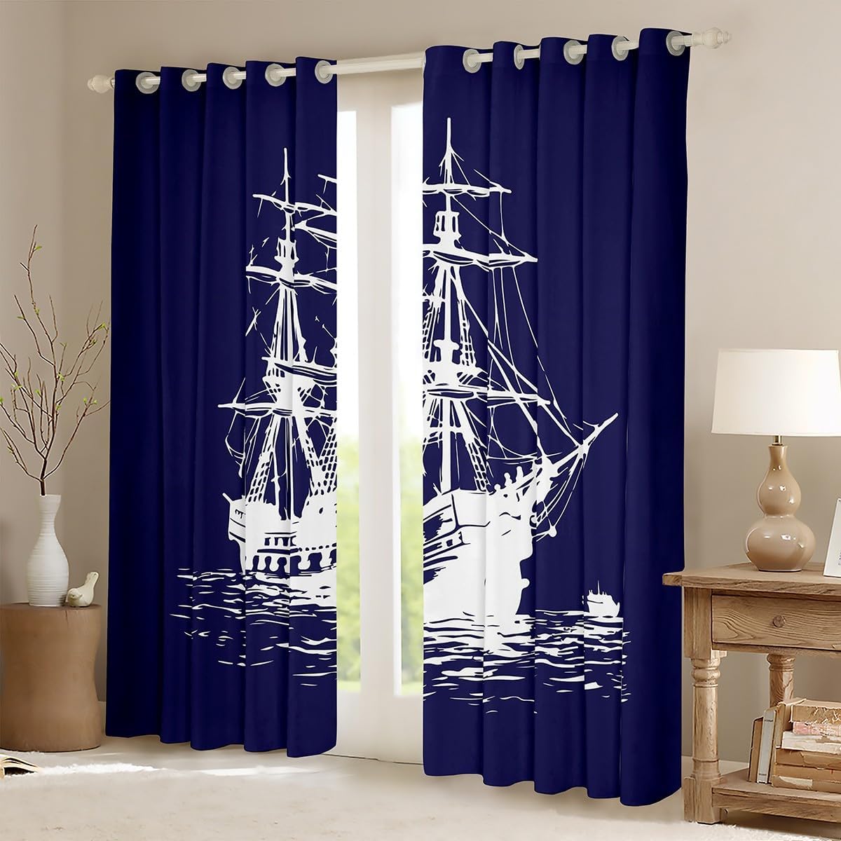 Feelyou Nautical Blue White Curtains Bedroom Living Room (2 Panels, 52 x 84 Inch) Nautical Themed Blackout Curtains Anchor Decor Darkening Drapes Nautical Window Treatments Sailboat Printed