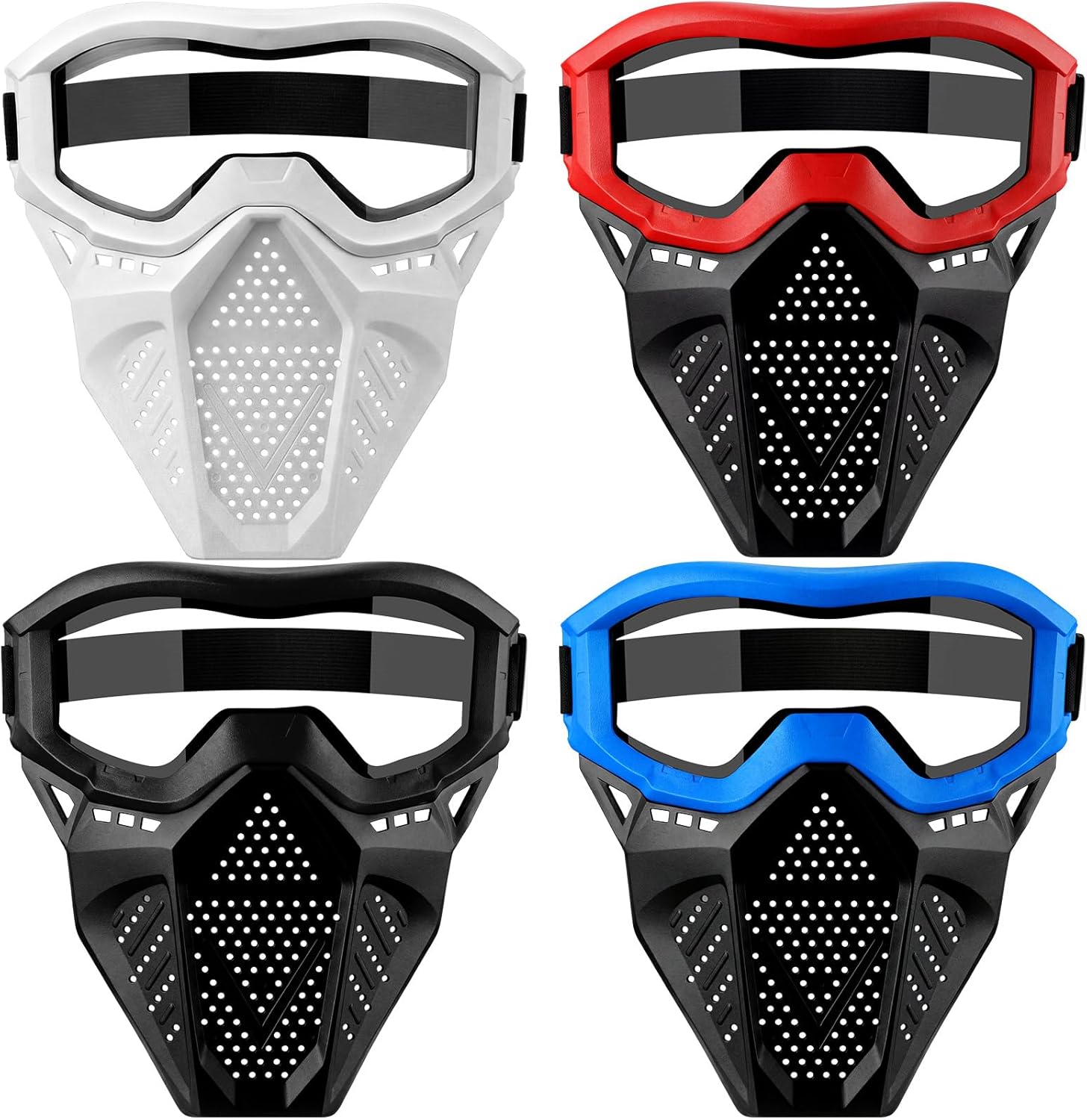 Frienda 4 Pack Upgraded Tactical Mask with Goggles Anti Fog Lens Adjustable Fit for Shooting Games Outdoor Play (Red,Blue,Black,White)