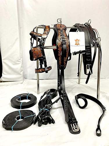 Miniatura 2 de Arnés de conducción de caballo de cuero con acabado antiguo para carro de caballo individual  Herrajes de acero inoxidable  Cuero tallado y tallado