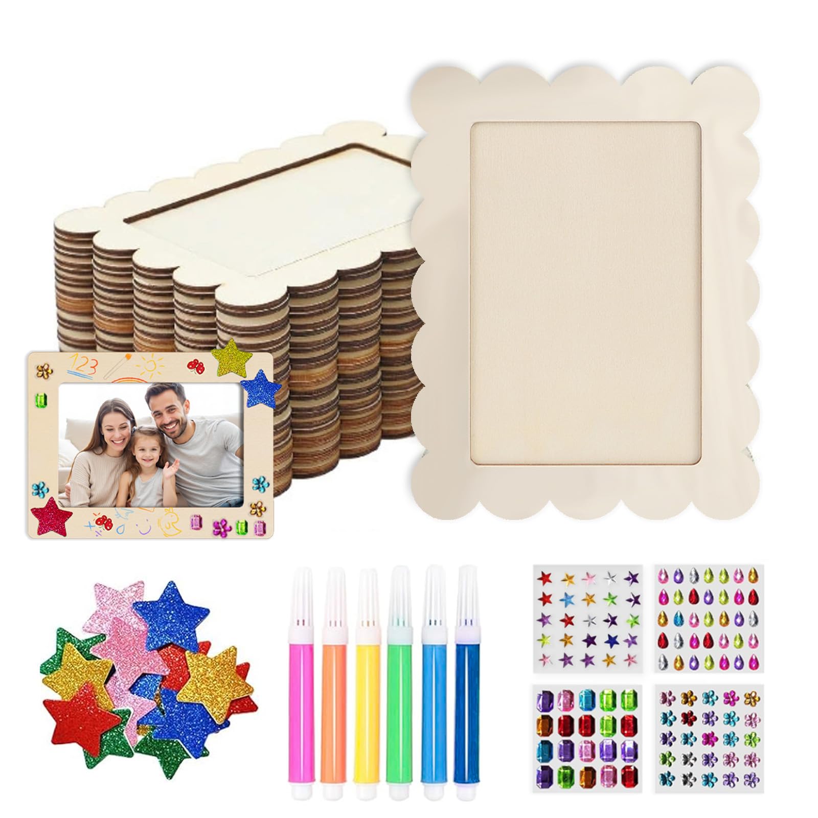 Haosjiny C Paint Your Own Photo Frame Set Of 10, Premium Wooden Frames For Raft, Diy Photo Frame Keepsake Raft Kit With Glitter Stones, Stickers, Olorful Brushes For Kids Party Lassroom Activities (C)