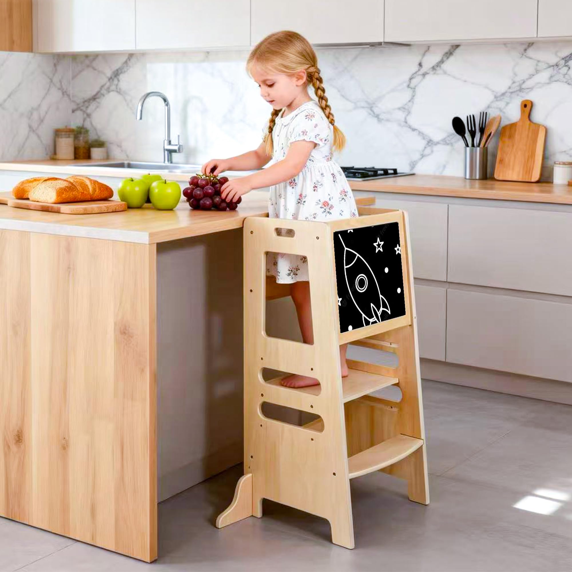 Torre Montessoriana in Legno per Bambini, Sgabello Aiutante da Cucina Regolabile per Età 1–5 Anni, Learning Tower con Barra di Sicurezza per Cucina e Bagno