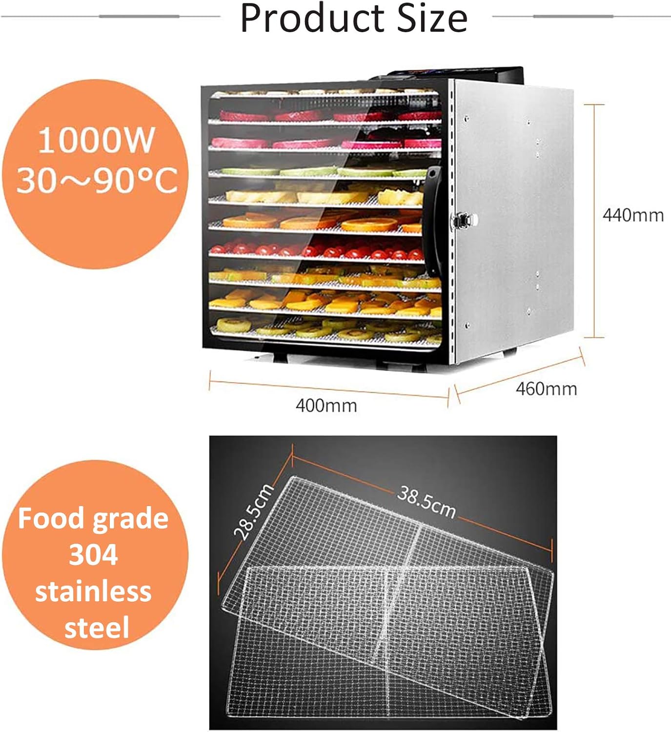 CGOLDENWALL Commercial Digital Food Dehydrator Large-capacity Fruit Dryer 1000W Electric Food Dryer with 24 hour Timer Stainless Steel 10 Trays for Jerky Meat Beef Fruit Vegetable 110V/220V