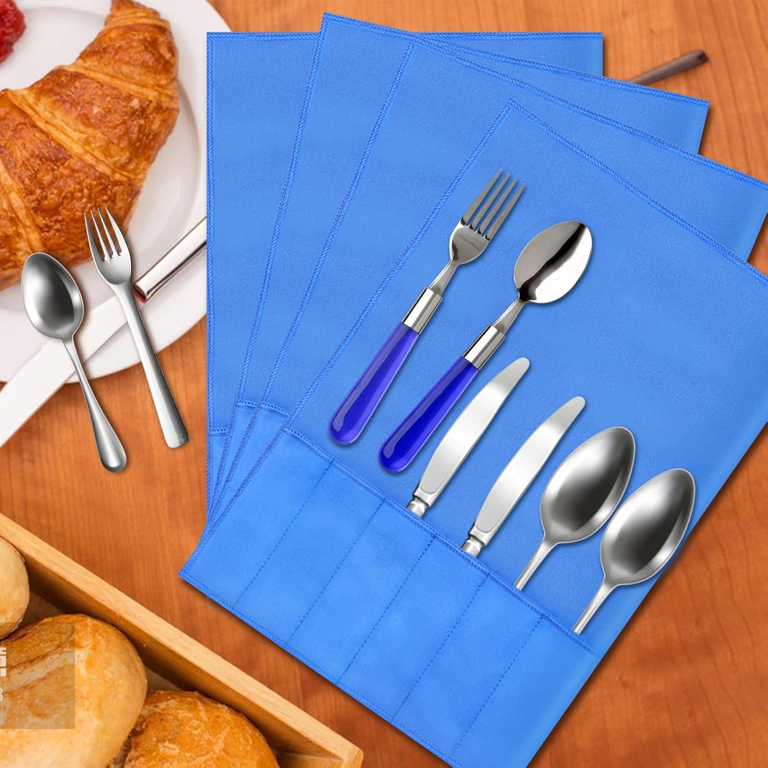 ikaufen 8Pcs Silver Storage Bags Anti Tarnish Flannel Silver Protector Bags Blue Holder for Silverware Flatware Storage Organizer Silver Storage Cloth with White Ribbon for Kitchen Utensils