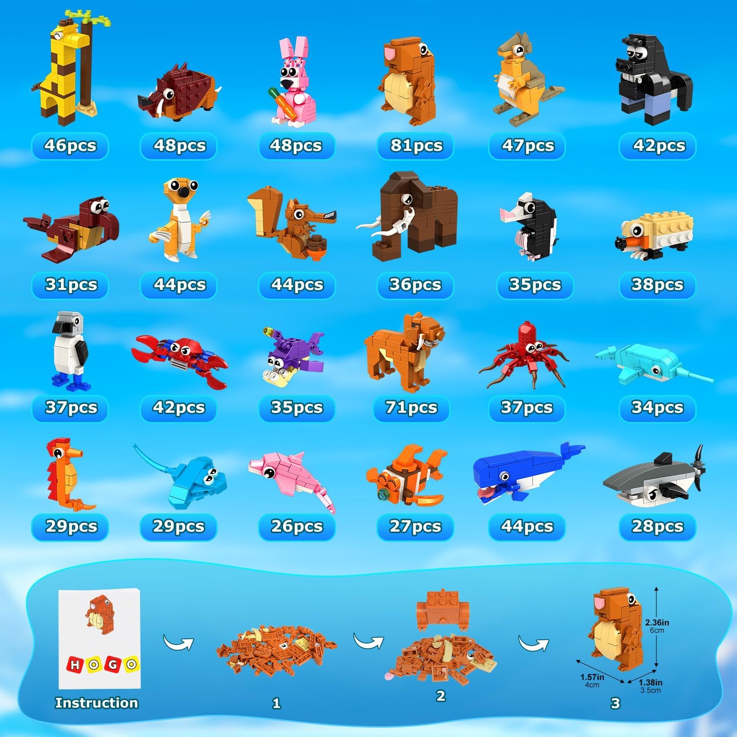 HOGOKIDS 24 Pack Easter Basket Fillers Party Favors for Kids – 1000 PCS Mini Animals Building Block Toy Set for Easter Goodie Bag Stuffers Classroom Prizes Birthday Easter Gifts for Kids 6+