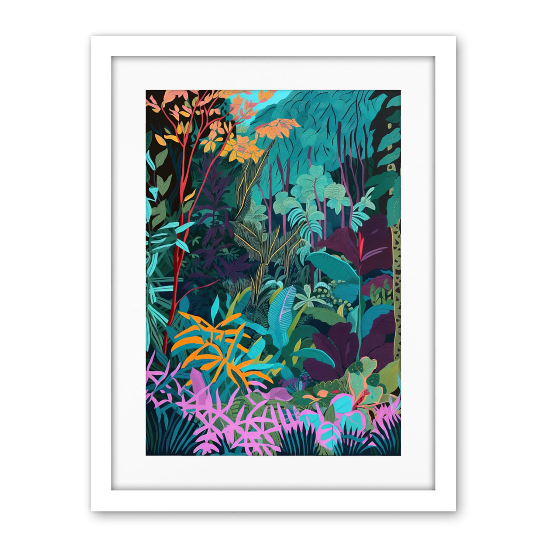 Artery8 Tropical Jungle Forest Vibrant Colour Illustration Artwork Framed Wall Art Print 18X24 Inch