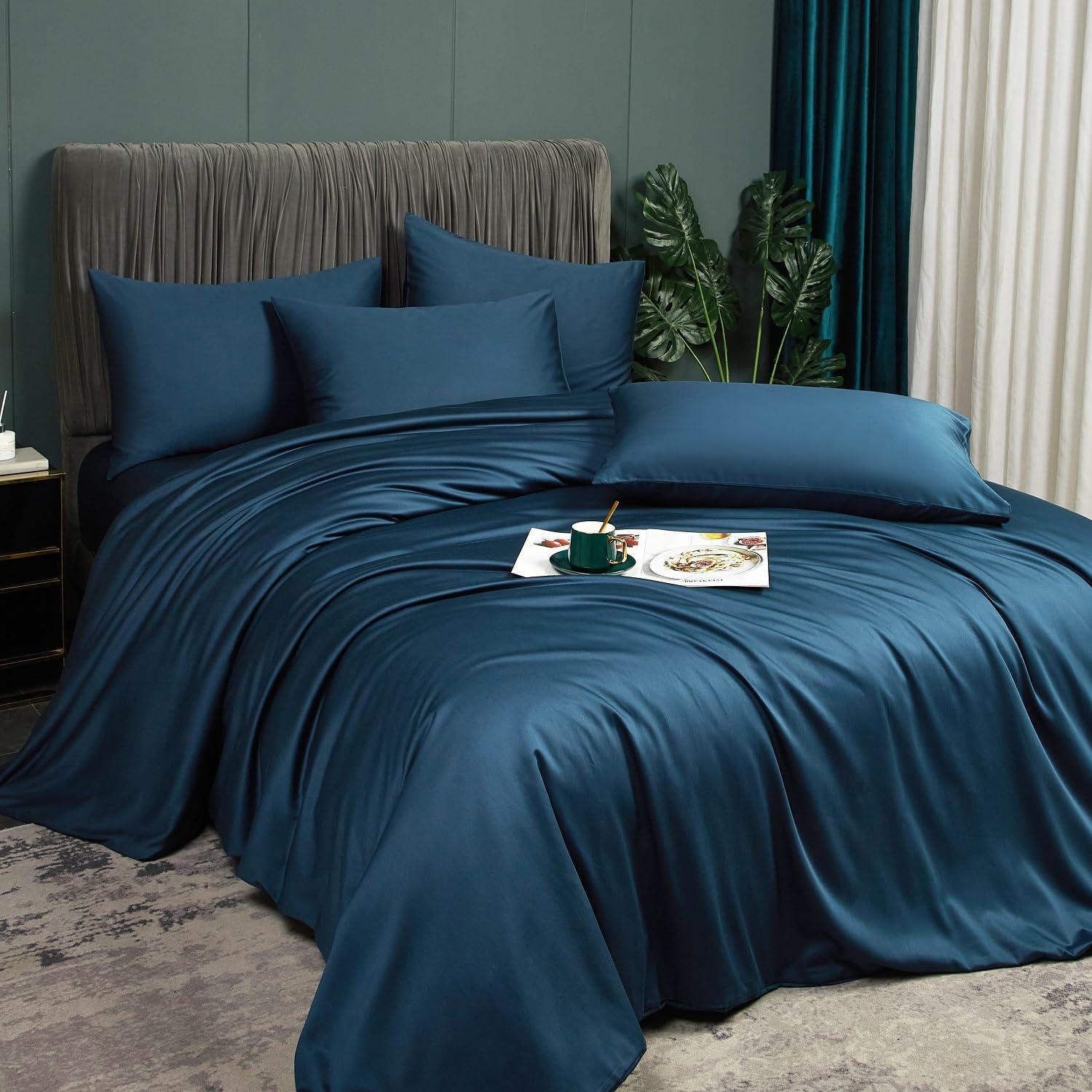 Luofanfei Bambus Bettwäsche 135x200 cm Petrol Blau Sommer Kühlende Uni Bambusfasern Lyocell Glänzend Bettwäsche Set Atmungsaktiv Bamboo Zweiteilig Bettbezug 135 200 Einzelbett mit Reissverschluss