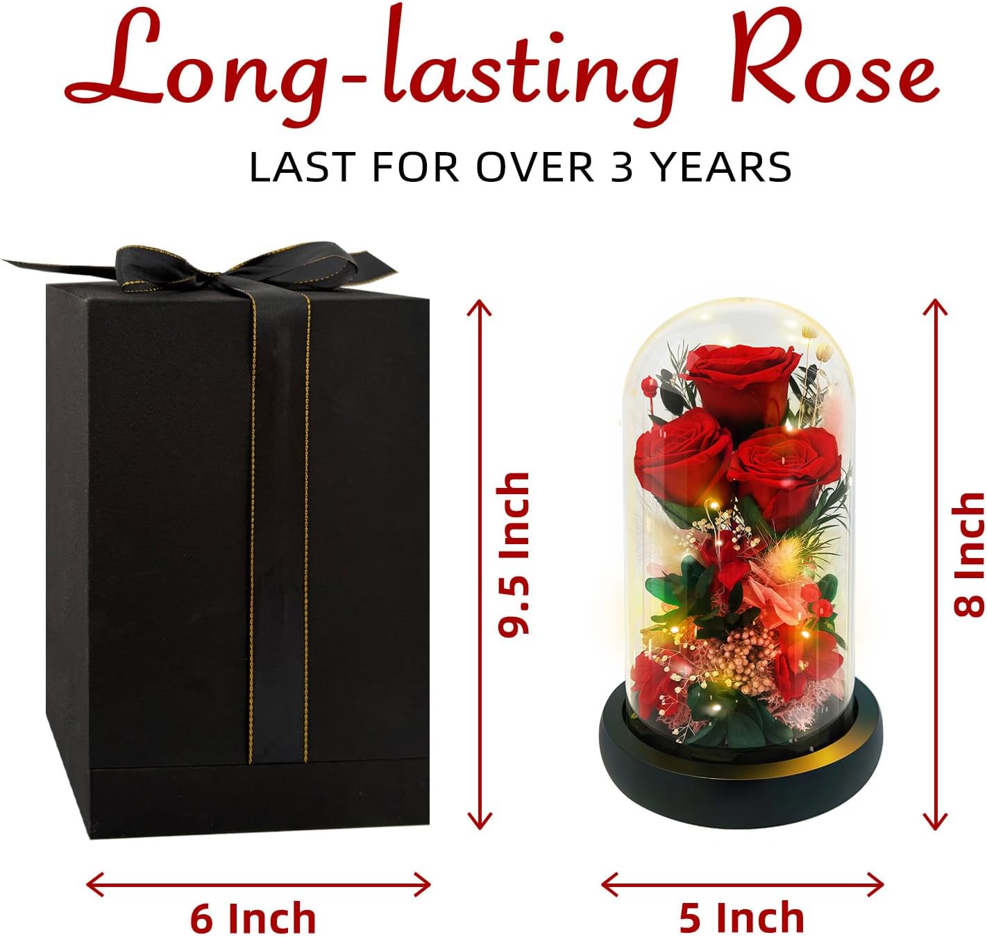 Preserved Red Rose in Glass Dome with LED Lights - Forever Eternal Real Rose Gifts for Women, Valentines Day Mothers Day Birthday Wedding Anniversary for Mom Wife Girlfriend - Image 2