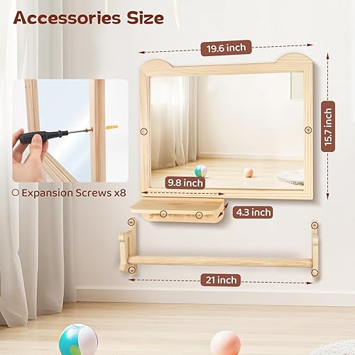 Miniatura 5 de Espejo Montessori con barra Espejo de barra de dominadas de bebé con marco de madera natural, altura ajustable, espejo de pared seguro para estar