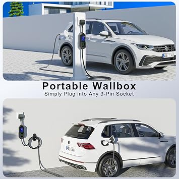 Ev Charger Cable Type 2 to 3 Pin UK Plug, 3KW 13A with Adjustable Current, Includes UI Display Screen, Storage Bag & Wall Mount,5M