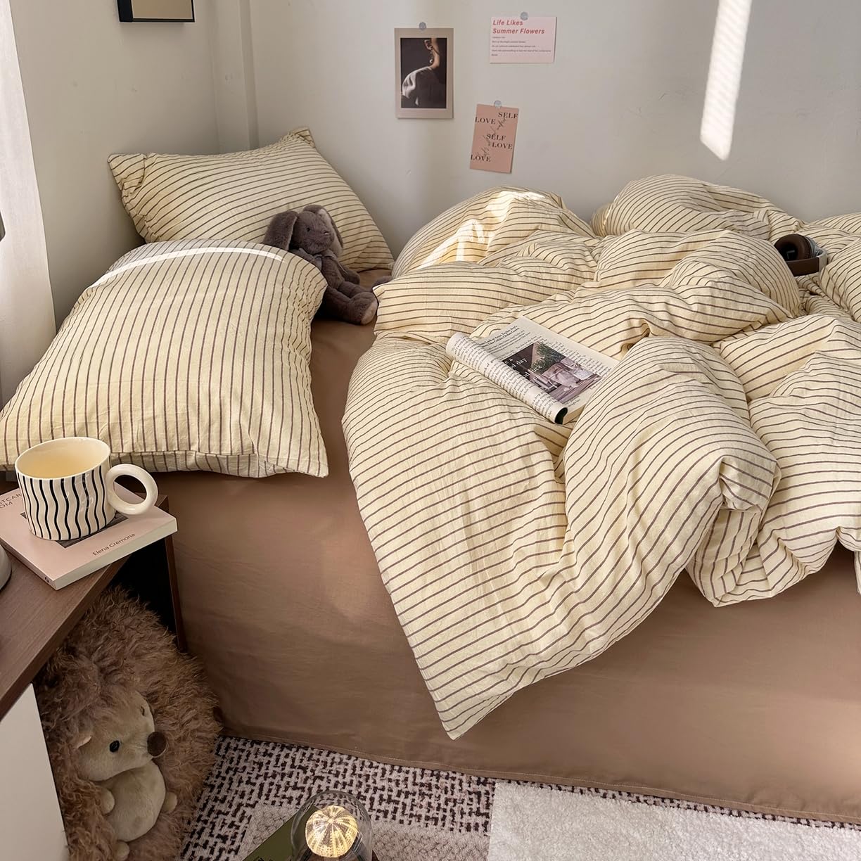 Covebett Striped Single Duvet Cover Sets Beige Brown Stripes Pattern Modern โ image 1