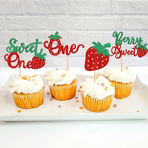 Miniatura 2 de Paquete de 24 adornos para cupcakes de fresa y dulce para cupcakes para cumpleaños, boda, fiesta, baby shower, verano, jardín, fiesta, suministros