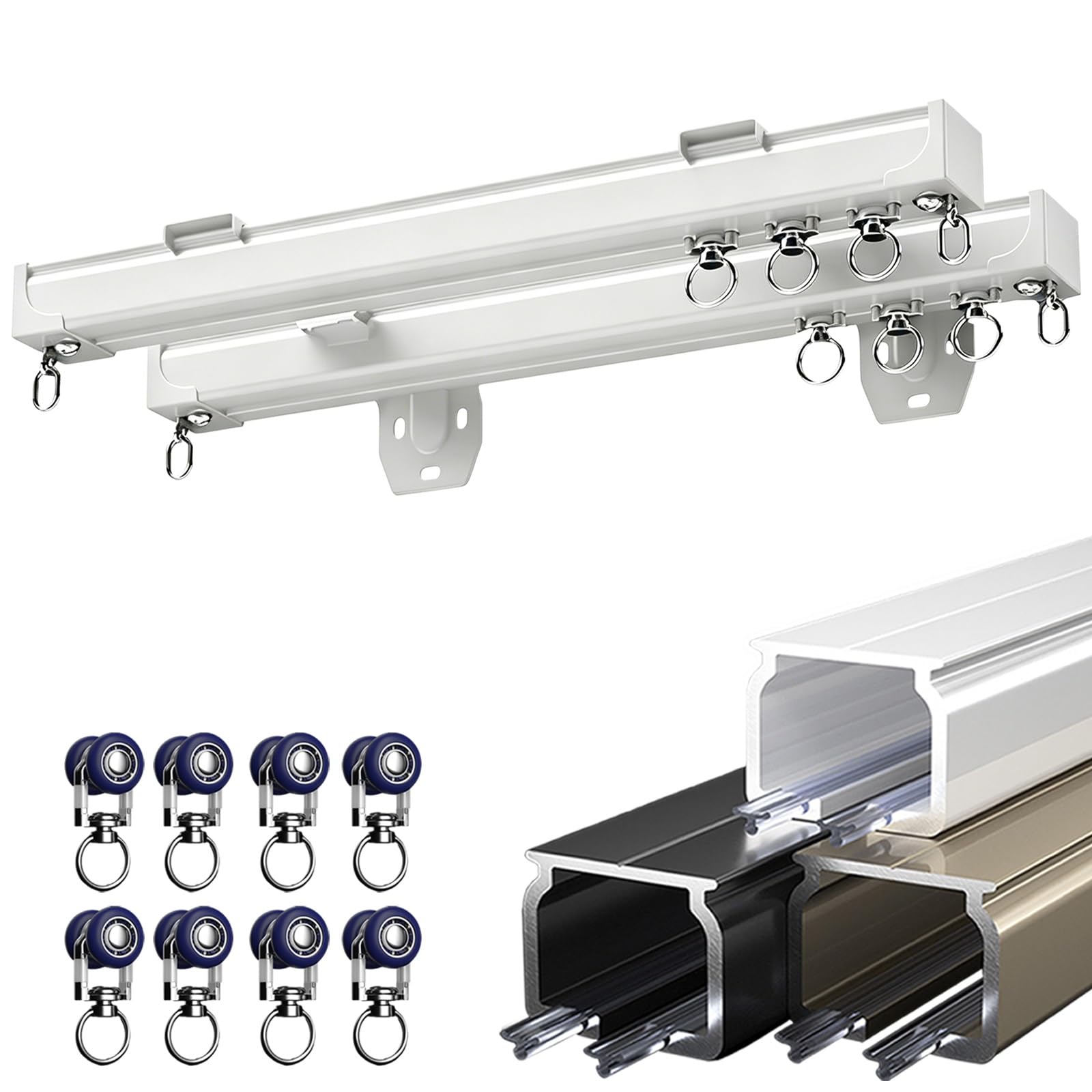 Wall/Ceiling Mount Double Curtain Track Rod Set, Heavy-Duty Slilent Aluminum Curtains Tracks, Aluminum Curtain Rails System for Home & Office, with Roller, Bracket(White,300cm(9.8ft))