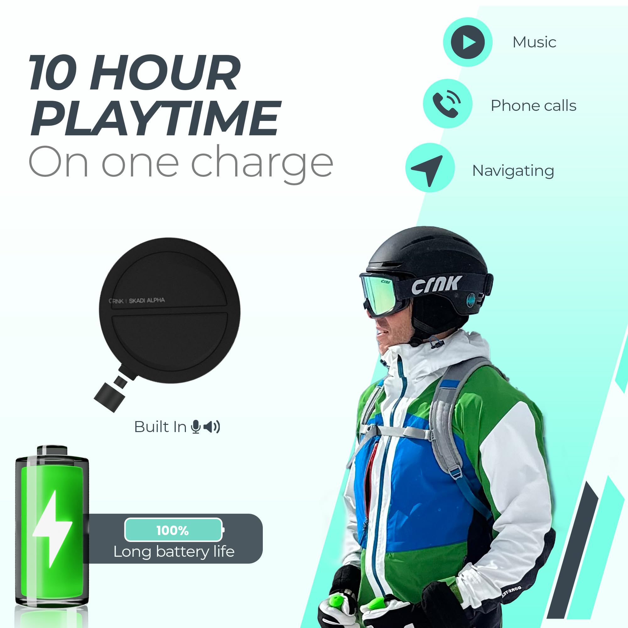 CRNK Skadi Casque de Ski Bluetooth - Casque Ski Homme - Casque Ski Femme - Casques de Ski - Casque Snowboard - Ski Homme - Casque de Ski Homme - Ski Bluetooth - Casque Ski Blanc - Noise Cancelling