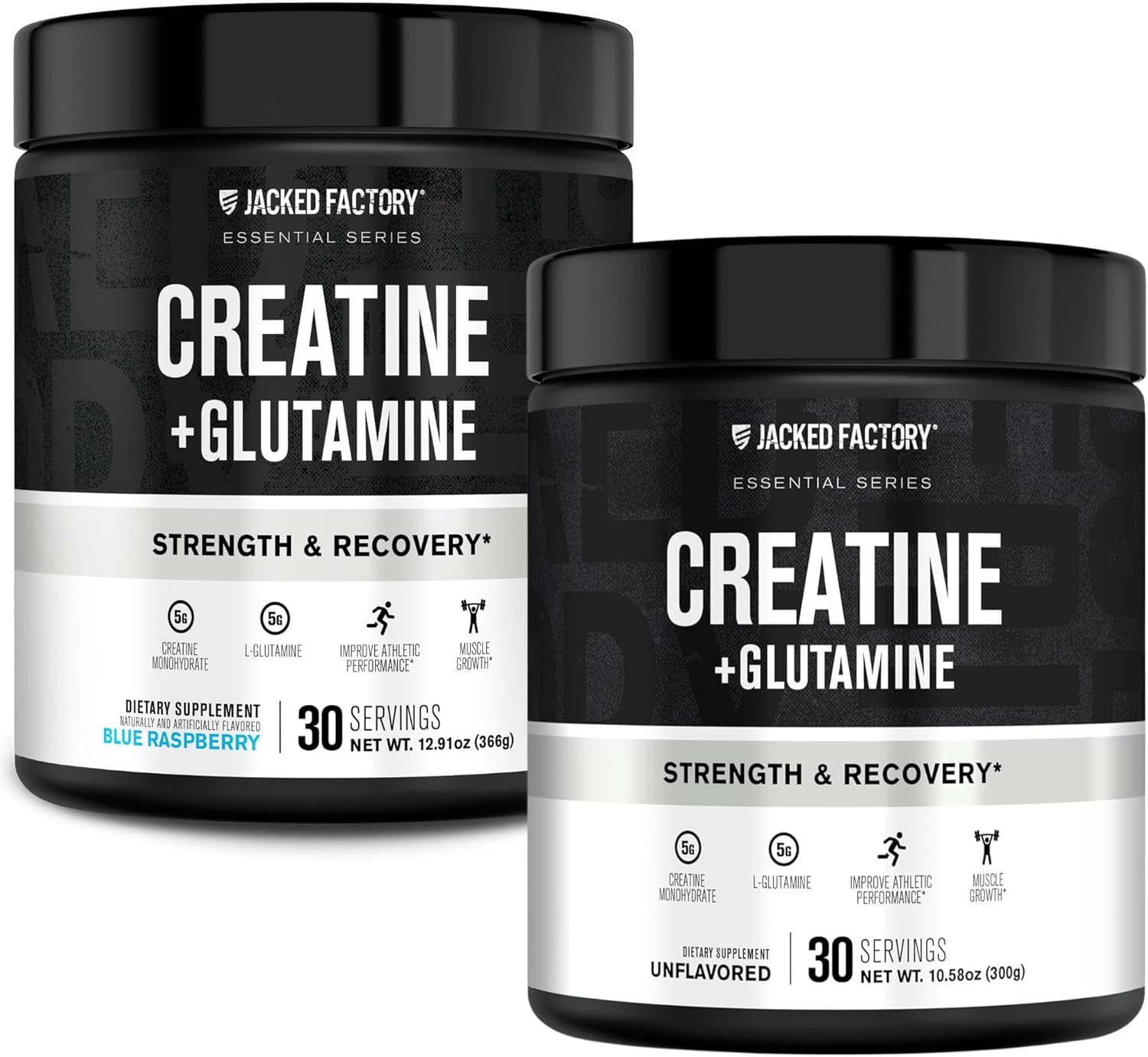 Jacked Factory Creatine + Glutamine - Creatine Supplement with L-Glutamine for Muscle Recovery, Muscle Growth, Increased Strength (30 Servings, Unflavored & 30 Servings, Blue Raspberry)