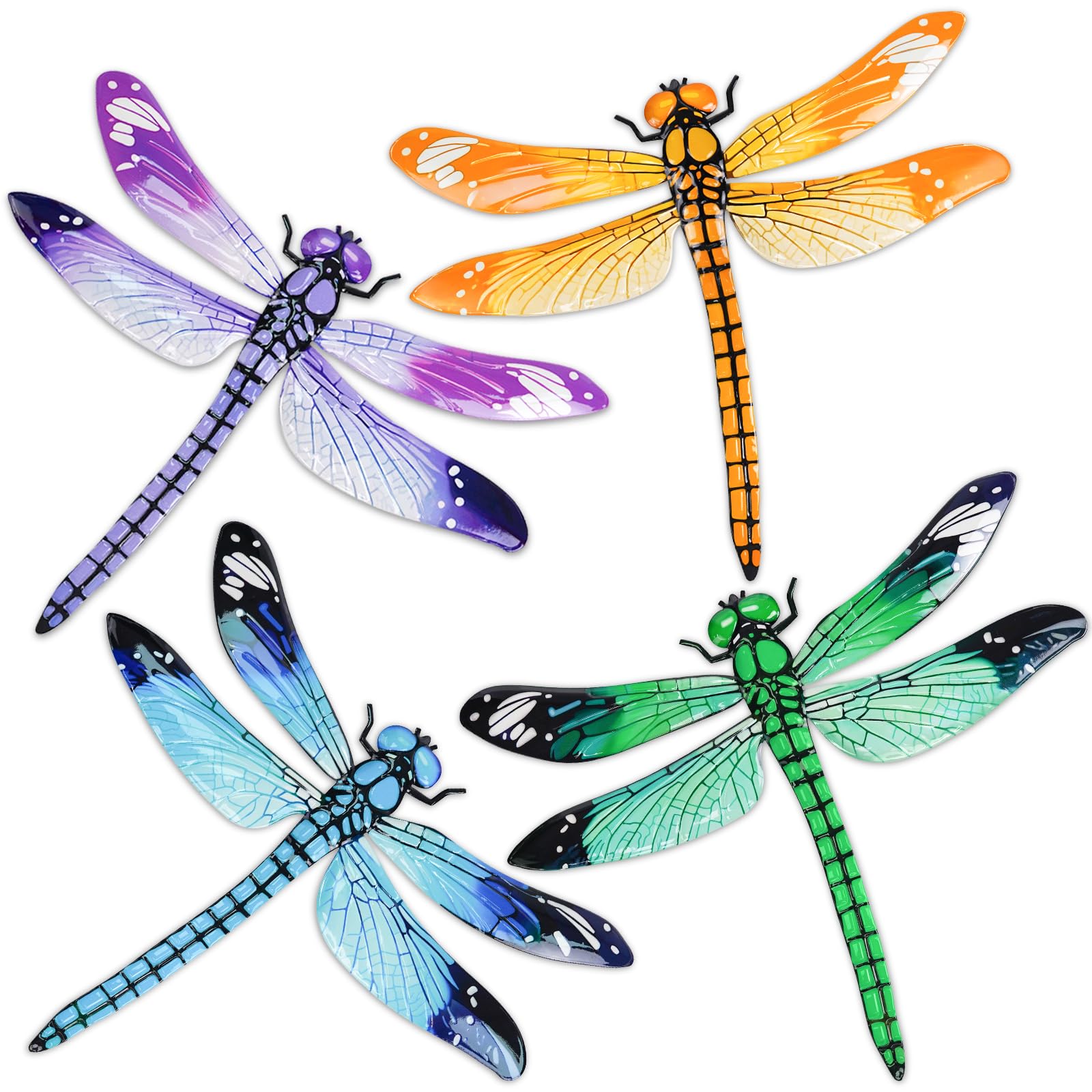4 Pack Large Metal Dragonfly Wall Decor, Giyiprpi 11.7"x 13.9" 3D Colorful Outdoor Garden Fence Wall Art Decor, Wall Hanging Decorations for Yard Patio Living Room, Gift for Family Kids Friends