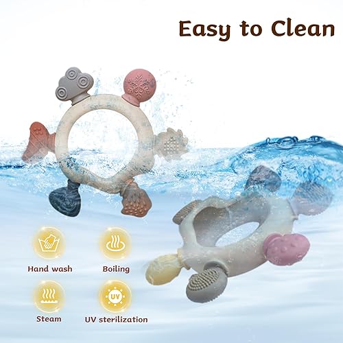 Miniatura 7 de Paquete de 3 anillos mordedores para bebés de 0 a 6 a 12 meses, juguetes de dentición con soporte para clip para chupete, juguetes masticables
