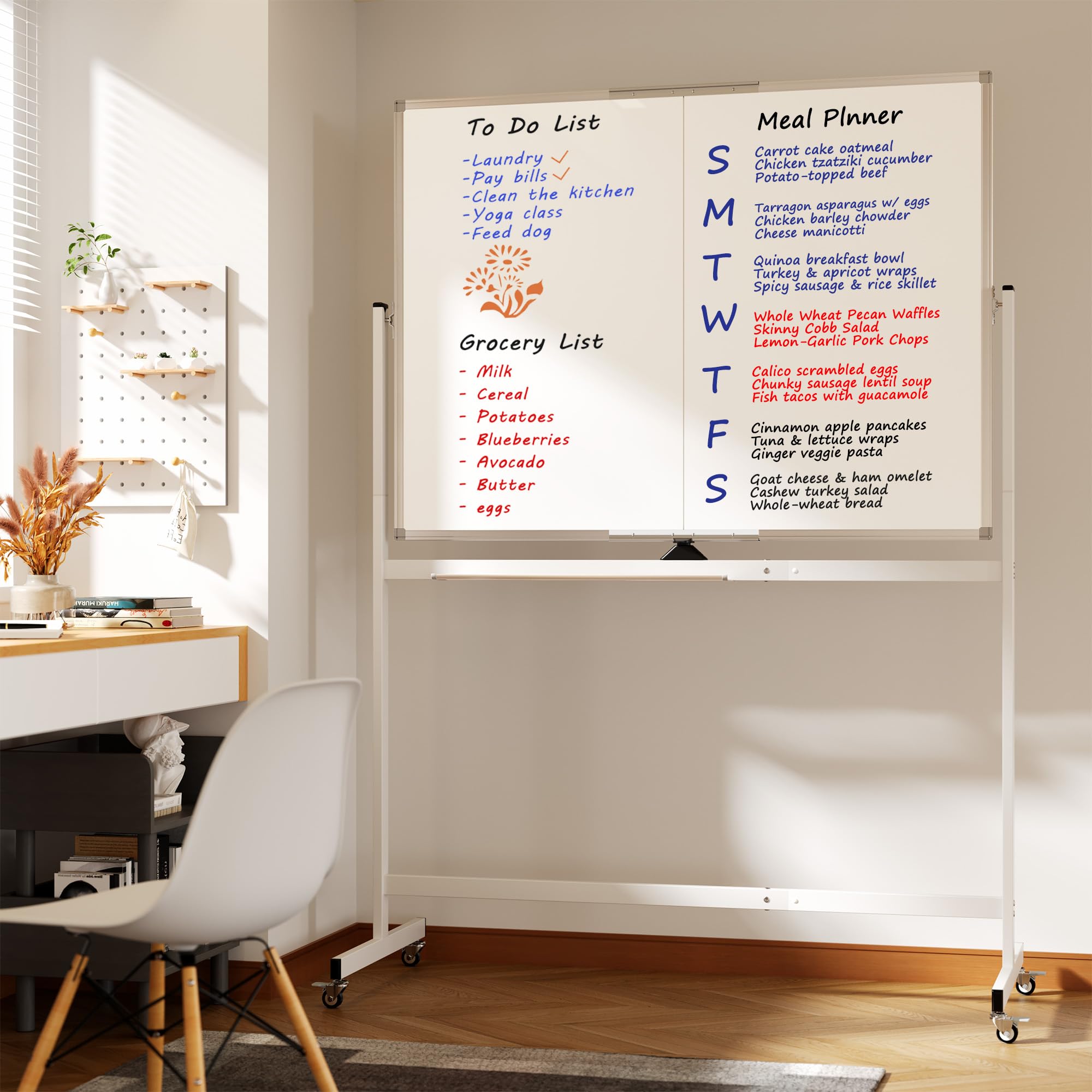 Neatsure Tablica zwijana, 112 x 81 cm, stojąca, mobilna, biała tablica na kółkach, duża, przenośna, dwustronna magnetyczna tablica suchościeralna ze stojakiem