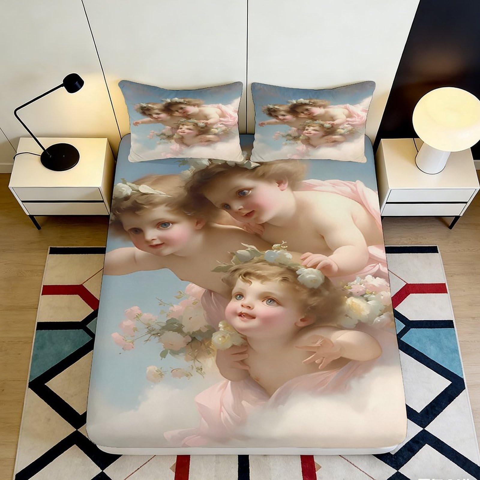 3D Printed Renaissance Angel Fitted Sheet Microfiber Soft Baroque Cherub Bed Cover for Bedroom Dorm Decor Easy Care 90x200x25cm