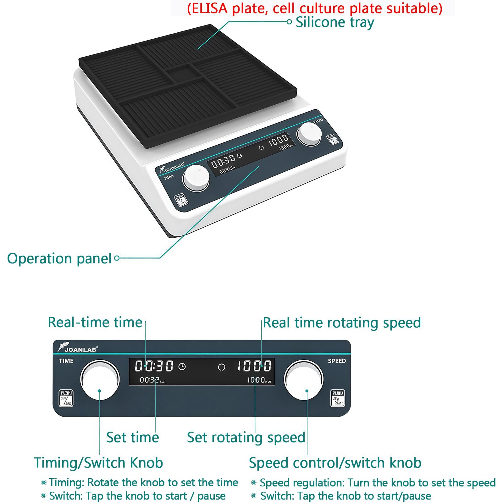 Agitador orbital de laboratorio, oscilador de microplaca, ajustable 500-1200 RPM, pantalla LCD para velocidad y tiempo, ideal para experimentos químicos y biológicos