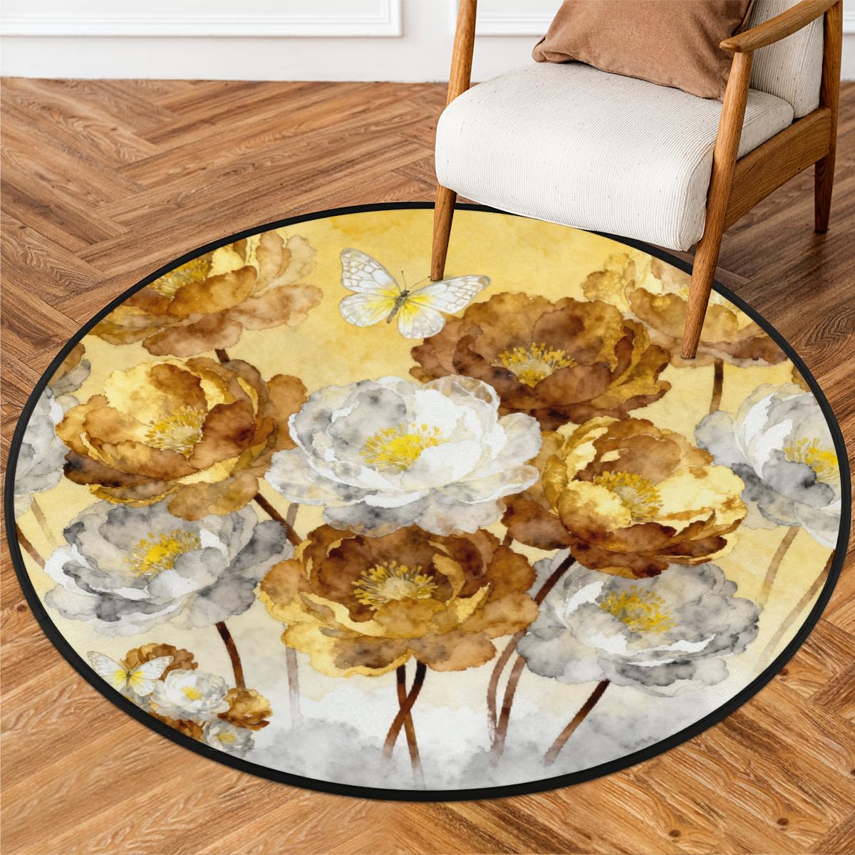 Tapis rond lavable pivoine 90 cm antidérapant facile à nettoyer