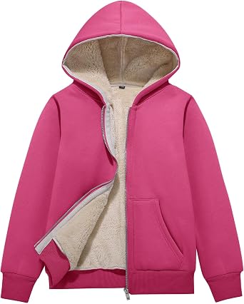 Flygo Unisex Boys Girls Fleece Jacket Hoodie Sherpa Lined Zip Up Hooded Sweatshirt Kids Winter Jackets