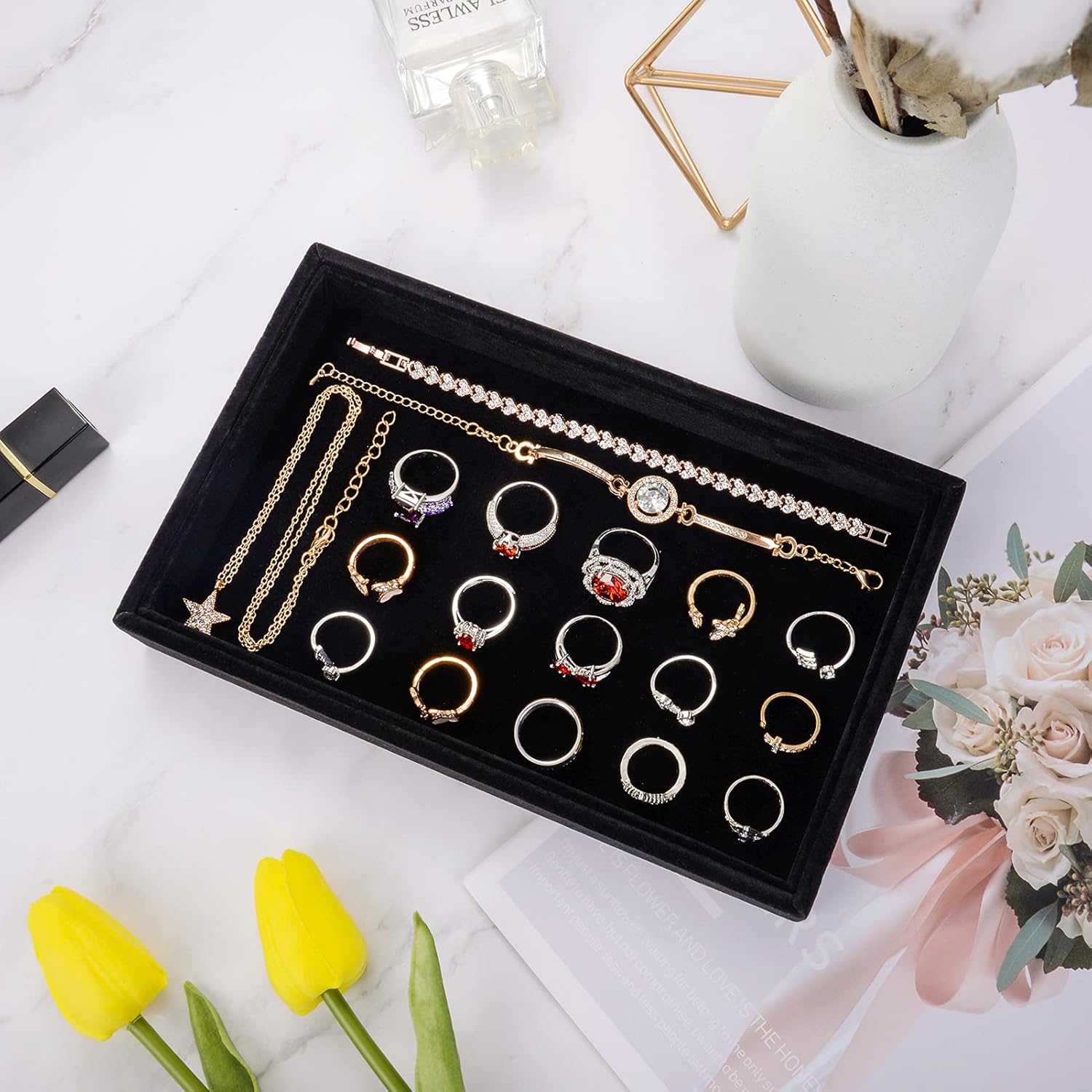 Black Velvet Stackable Jewelry Trays Organizer, Jewelry Storage Display Trays for Drawer, Earring Necklace Bracelet Ring Organizer : Clothing, Shoes & Jewelry
