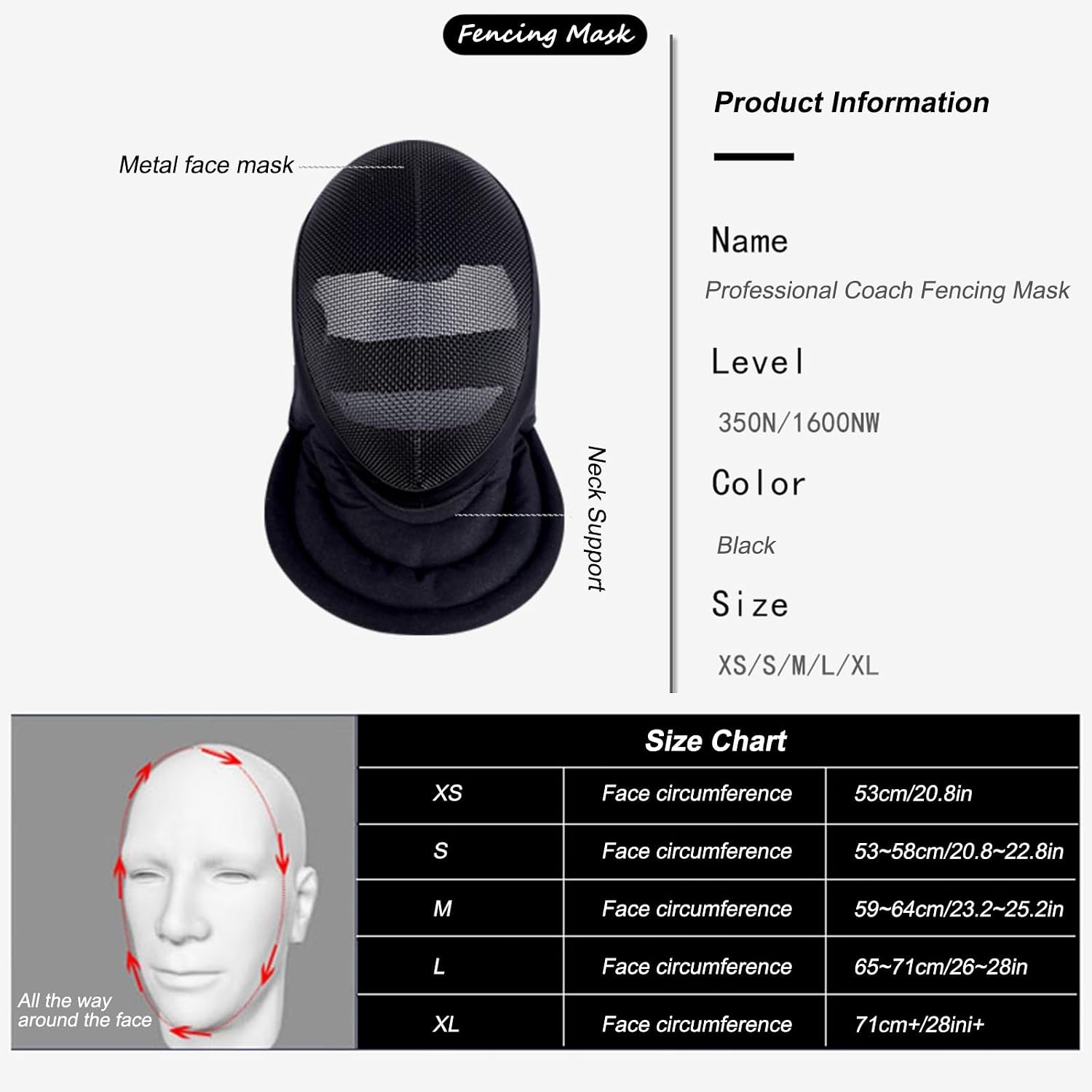 Fencing Mask for Coaches, Hema Helmet, Unisex Protective Face Shield, Fencing Equipment Suitable for Foil, Épée, and Sabre(L,350N_NON-REMOVABLE)