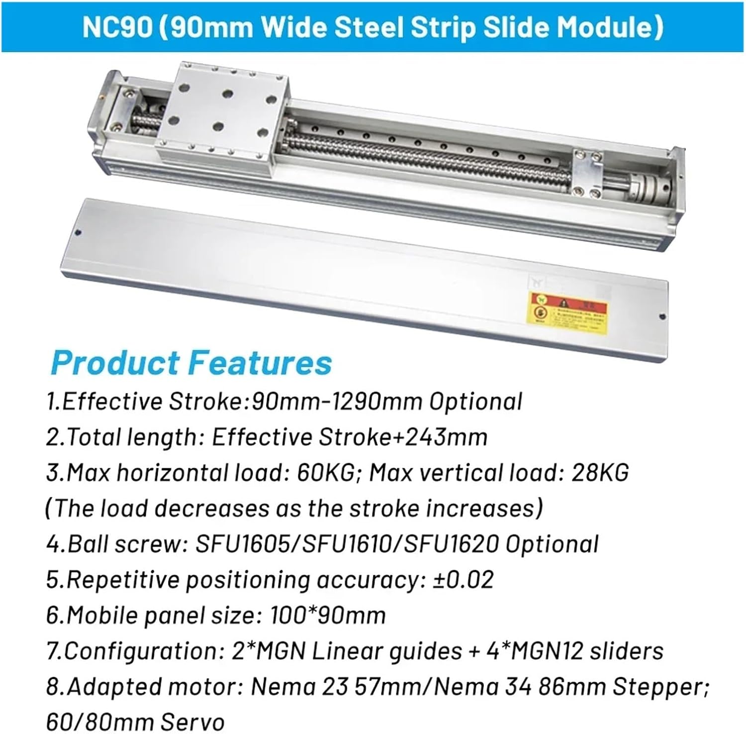 90mm Wide Ball Screw Actuator Sliding Table Linear Rail 60KG Load Single Axis Linear Motion Stage(1090 SFU1610)