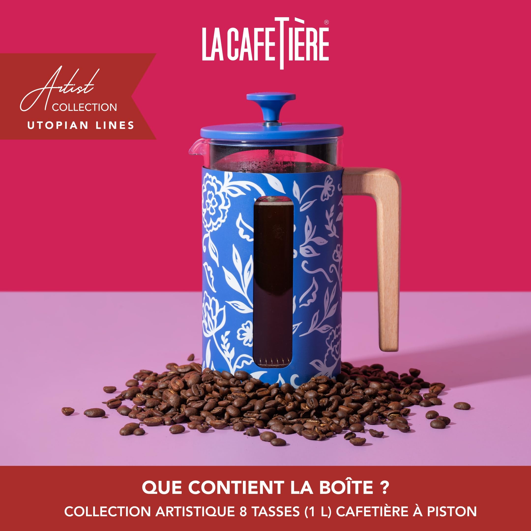 La Cafetière Pisa Grande cafetière à Piston Facile à saisir 8 Tasses 1 L avec Motif Floral, en céramique résistante à la Chaleur, idéale pour Le thé en Vrac et Le café moulu, Blu Fiorato