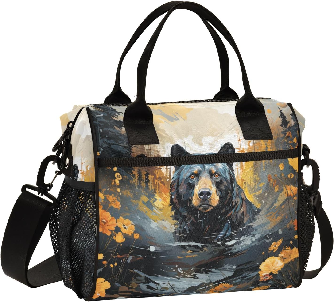 Adult Lunch Box Insulated Lunch Bag Crows in Red Roses Large Cooler Tote Bag for Work Picnic or Travel with Adjustable Shoulder Strap