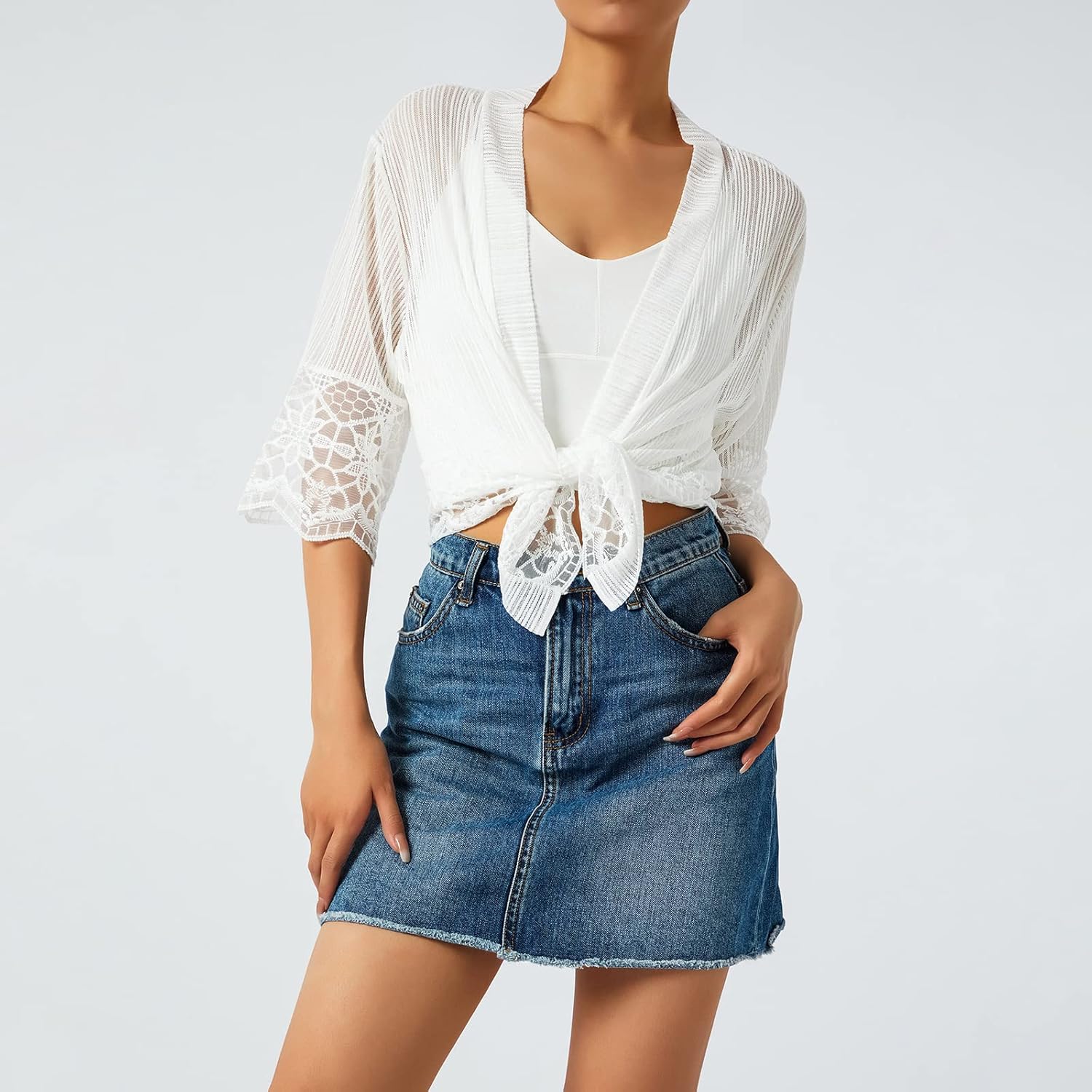 Women's Short Cardigan Sheer Mesh Bolero Shrug 3/4 Sleeve Crop Tops Lace Jacket Beach Cover up for Dress - Image 3