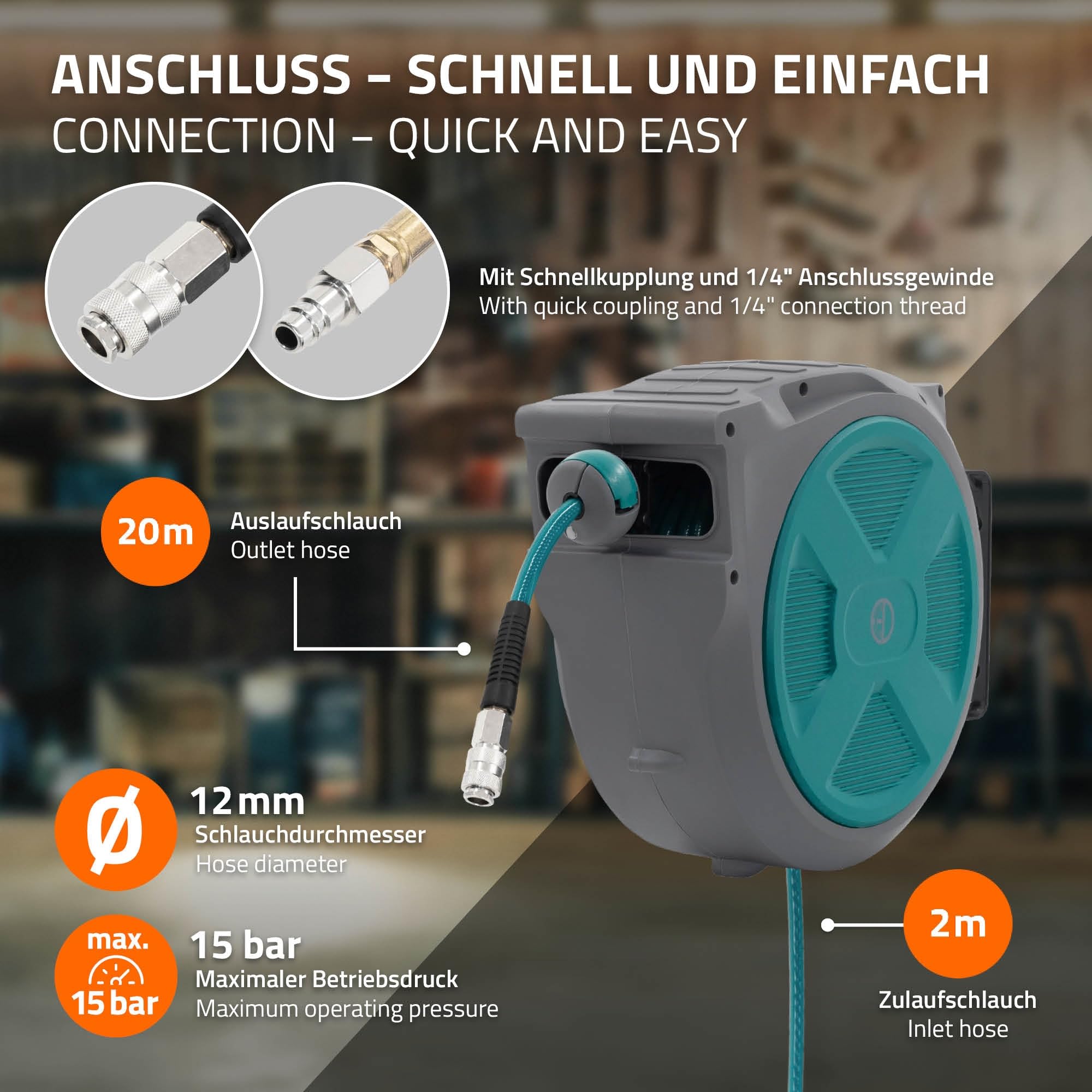 ECD Germany Druckluftschlauchtrommel 20m+2m, Automatischer Aufroller mit Arretierfunktion, 1/4" Anschluss, Schnellkupplung, 15 bar, 180° schwenkbar, Ø12mm, Automatik Schlauchaufroller für Wandmontage