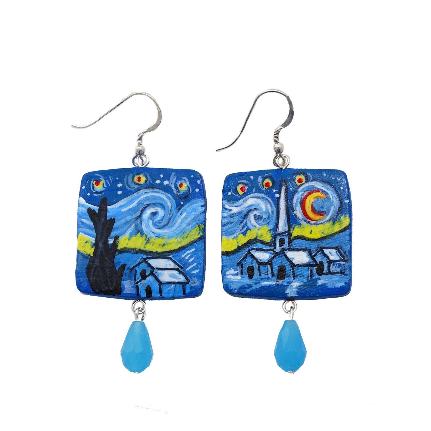 Boucles d'oreilles en céramique peintes à la main - LA NUIT ÉTOILÉE TABLEAU CÉLÈBRE - Boucles d'oreilles pendantes pour femme, Bijoux en céramique peinte, Crochet en argent, Fabriqué en Italie