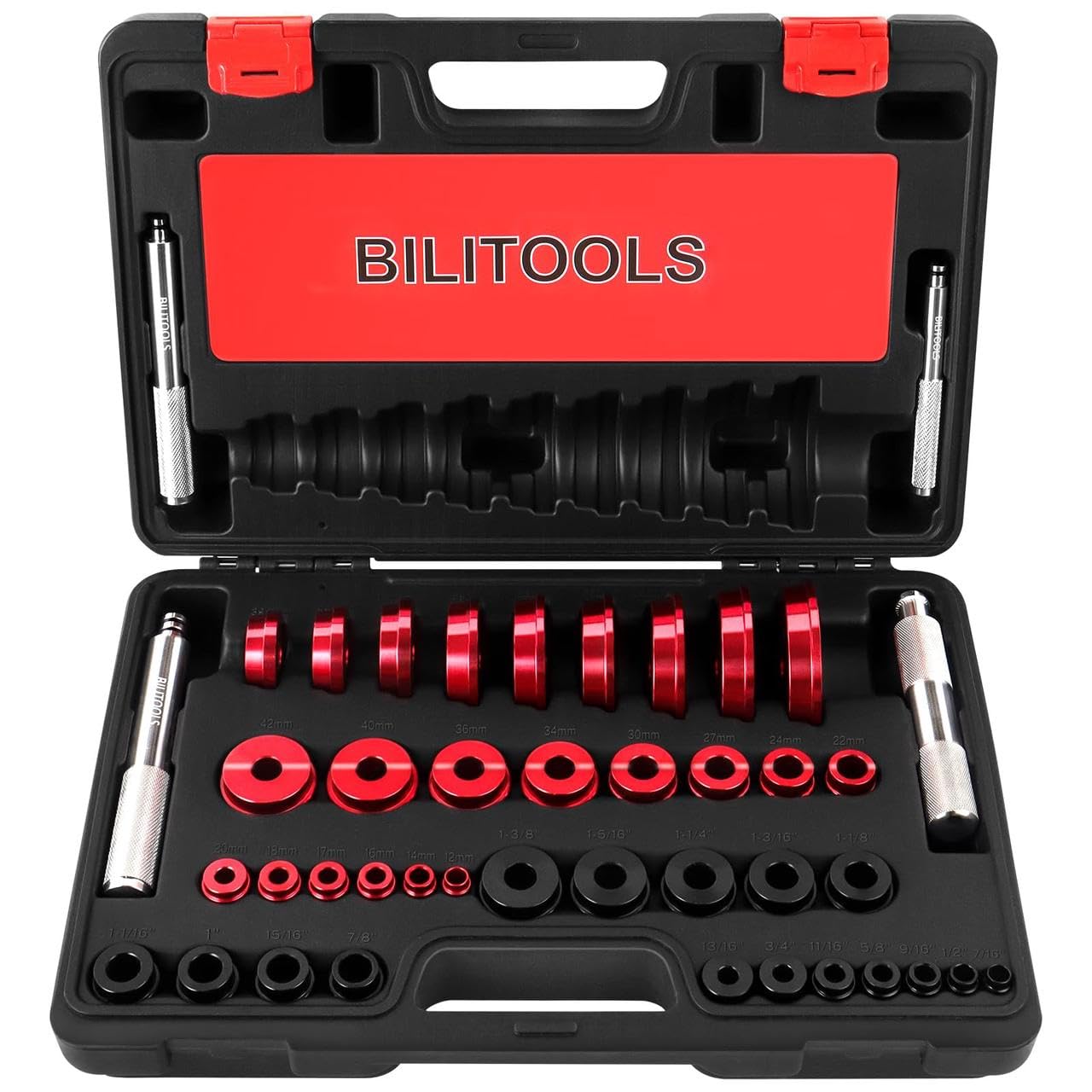 BILITOOLS 43-tlg. Radlager und Simmerring Eintreiber Satz – Lager & Dichtring Montage Werkzeug KFZ – 39 Alu-Druckstücke (Metrisch & SAE) inkl. 4 Griffe