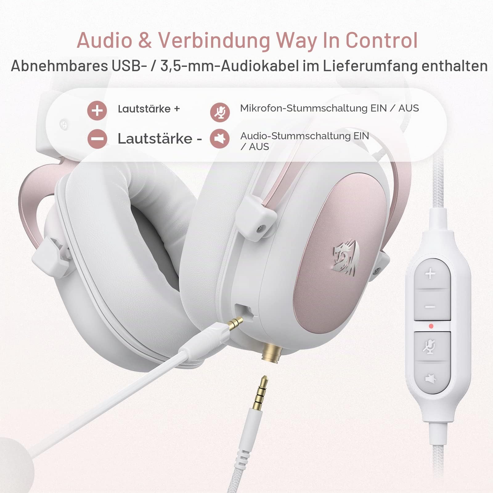 Redragon H510 Zeus Gaming-Headset mit Kabel - 7.1 Surround-Sound - Bezug aus atmungsaktivem Stoff - 53MM-Treiber - Abnehmbares Mikrofon - Immersionskopfhörer für PC/PS4/Xbox One/NS - Rosa & Weiß