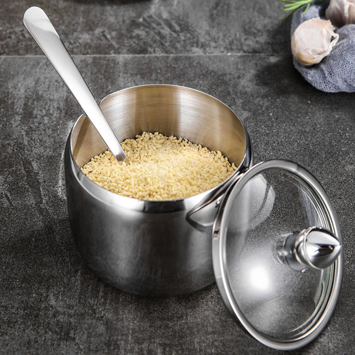 Barattoli per Spezie in Acciaio Inox 304 Set da 3 con Base, Contenitori Multifunzione per Conservazione Sale e Condimenti, Accessori Cucina per Uso Alimentare e Tavola