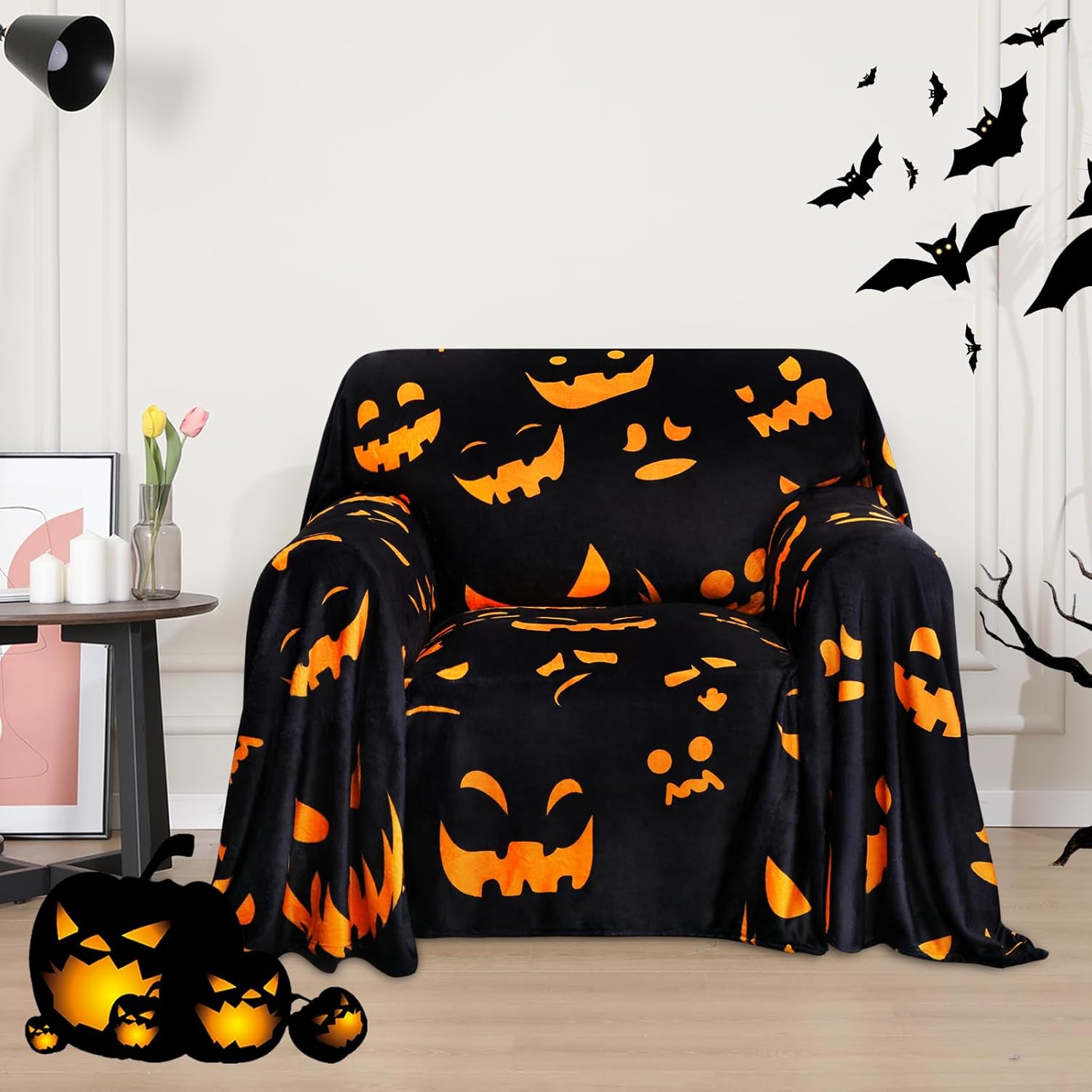 Easy-Going 80X102 inches Halloween Chair Sofa Cover, Jacquard Velvet Couch Slipcover for 1 Cushion Couch, L Shape Sectional Covers for Dogs, Washable Sofa Blanket, Furniture Protector