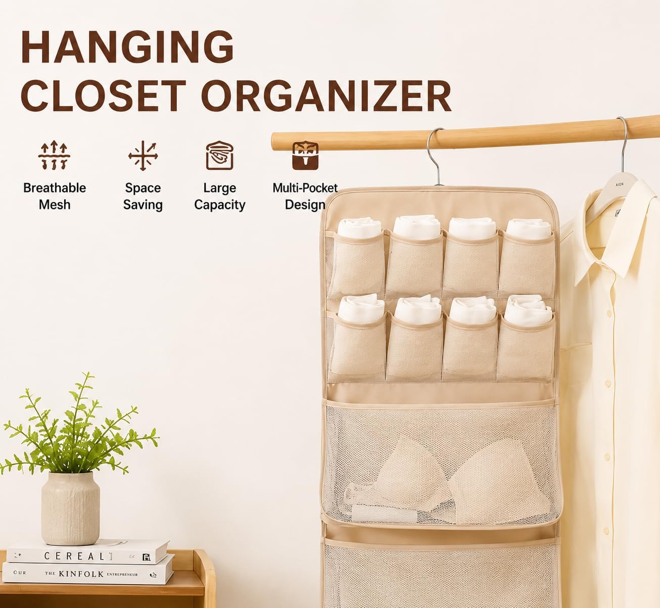 Hanging Closet Organizer for Underwear & Socks, Mesh Pocket Storage | Mesh Pockets; Hanging Design; Organizes Underwear & Socks; Space Saving; Foldable Fabric Storage
