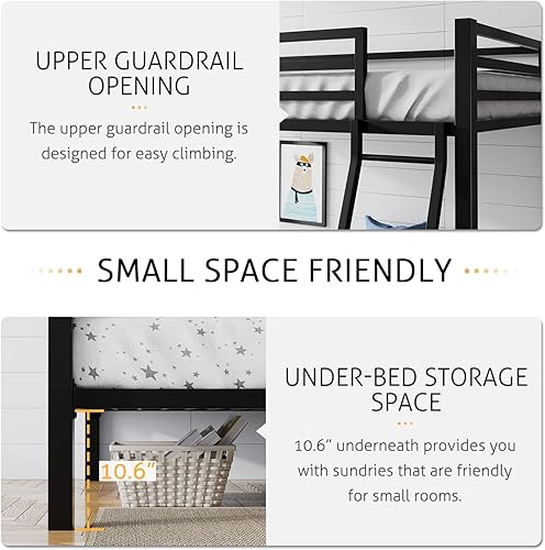 Miniatura 6 de SHA CERLIN Cama Litera Loft Tamaño Individual sobre Individual con Escalera y Barandilla, Soporte de Listones de Metal Resistente Sin Necesidad de