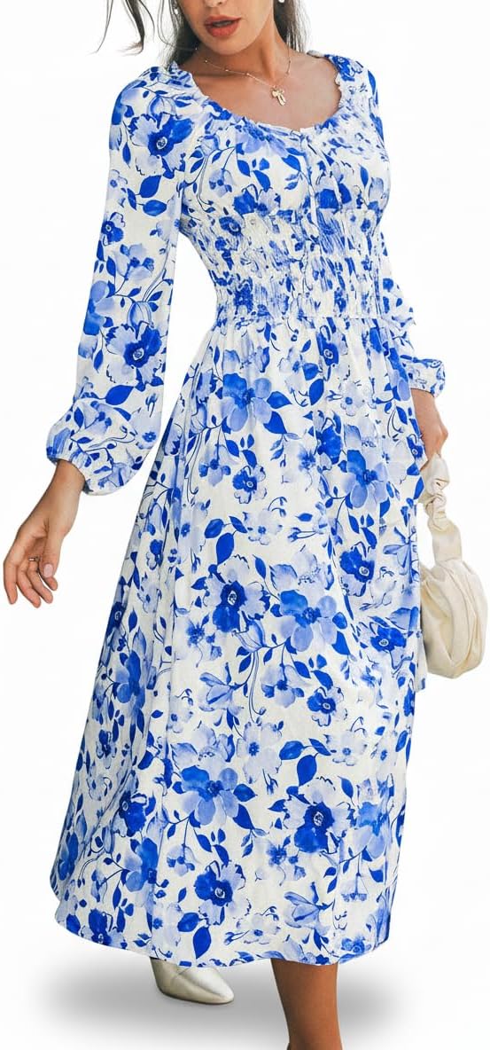 CUPSHE Womens Floral Print Maxi Dress Long Sleeve Smocked Waist Scoop Neck Flowy Fall Elegant Boho Dress