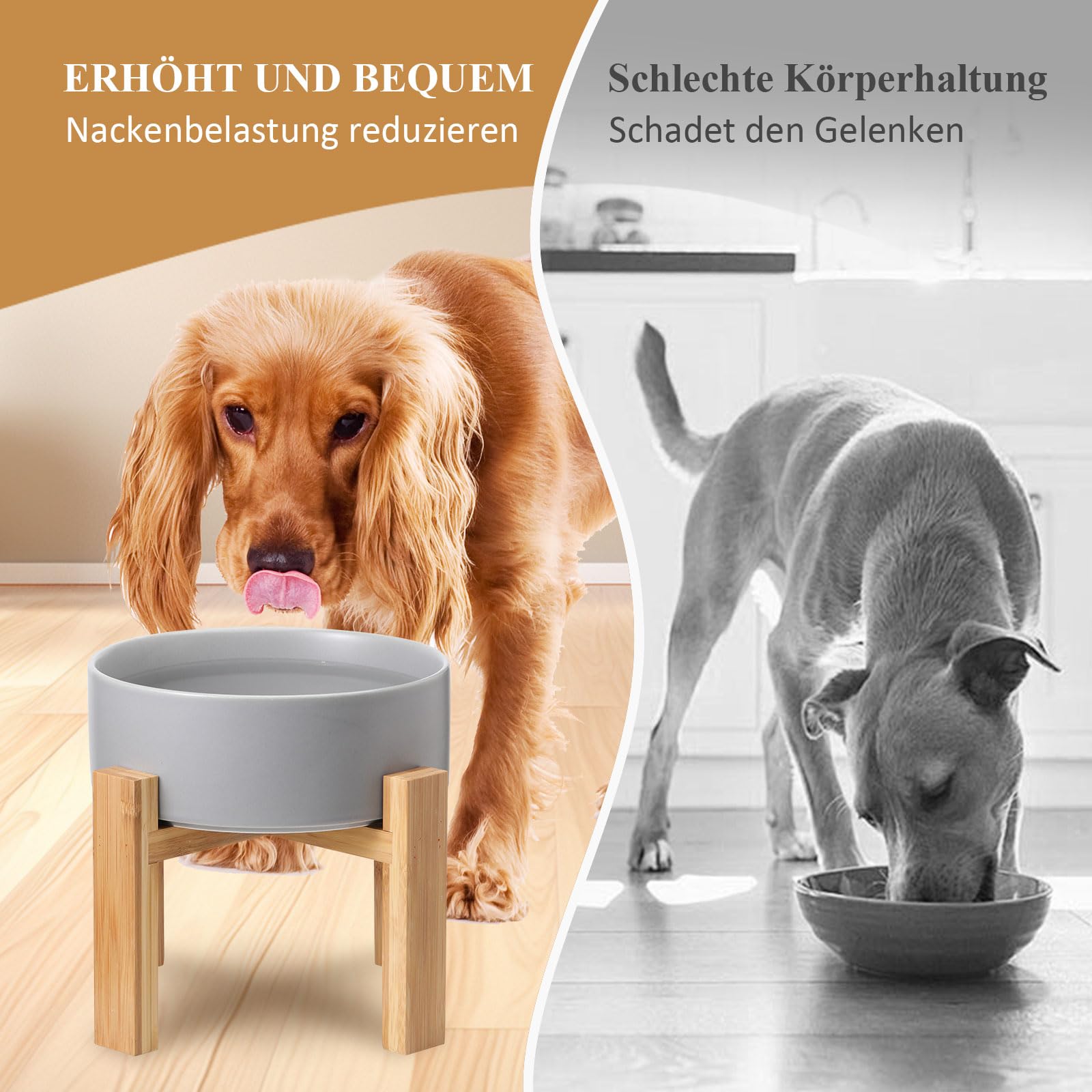 Hoch Keramik Hund Futternapf mit Bambus Ständer - Hundefressnapf und Wassernapf futterstation - Extra große Kapazität Haustier Futternapf-1800 ML - Schwerer Hundenapf für Grosse Hunde