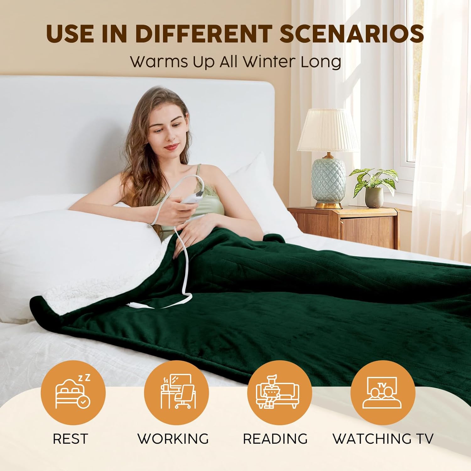 HYLEORY Heated Electric Blanket Throw 50"x60" Soft Fleece & Flannel with 5 Heating Levels & 3 Hours Timer Auto Shutt Off, ETL Certified, Washable，Heated Blanket for Body-Dark Green - Image 5