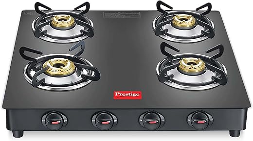 Prestige Magic Plus Gtmp 04 Sq Lp Open Gas Stove(Black, With Powder Coated Body, Glass Top And 4 U Brass Burners)